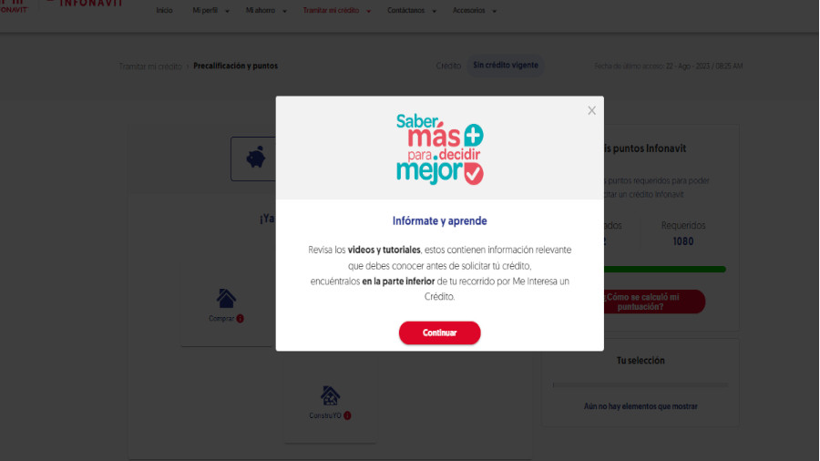 Pantalla de tramitar mi crédito y precalificación en Infonavit