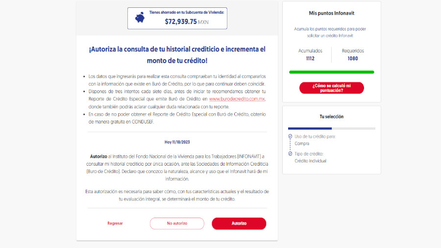 Pantalla de tramitar mi crédito y precalificación en Infonavit